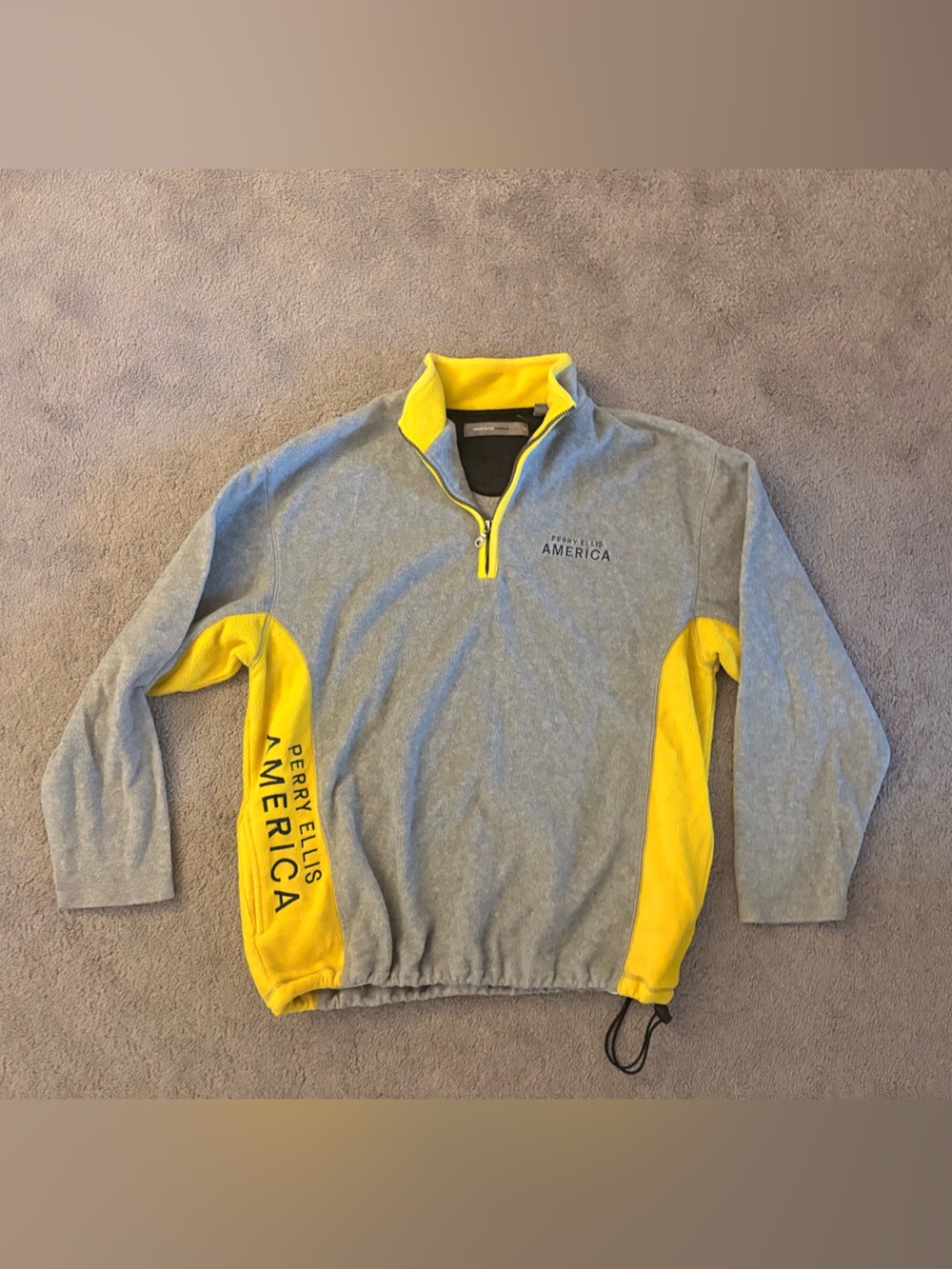 Vintage 90s Perry Ellis America Colorblock Fleece 1/4 Zip Pullover Gray Yellow